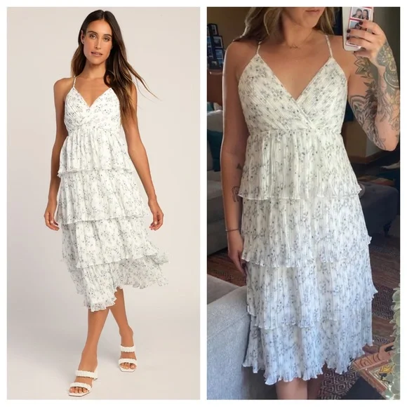 NWOT Lulus Petal Party White Floral Print Plisse Surplice Midi Dress - Picture 13 of 14